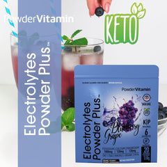 PowderVitamin Electrolytes Powder Plus Blueberry Grape glass shows prepared zero-calorie drink