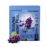 PowderVitamin Electrolytes Plus Blueberry Grape powder with scoop ready to mix.