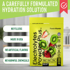 PowderVitamin Electrolytes Powder Plus glass with ice showcasing a flavorful electrolyte drink.