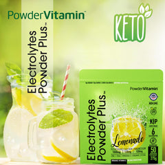 PowderVitamin Electrolytes Plus glass shows refreshing lemonade hydration.