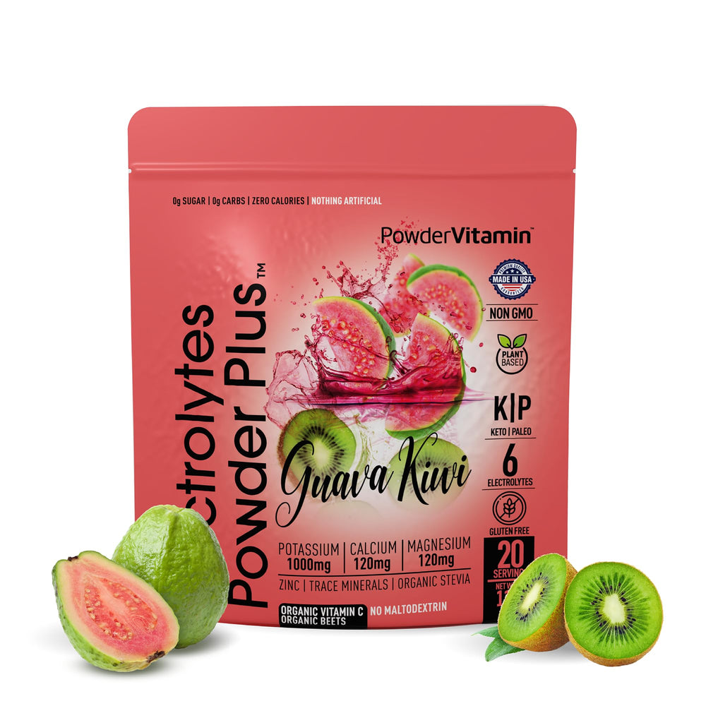 PowderVitamin Electrolytes Plus Guava Kiwi pouch for keto hydration without sugar.