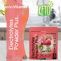 PowderVitamin Electrolytes Powder Plus scoop dissolving in water.