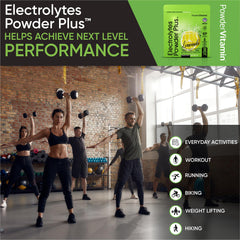 PowderVitamin Electrolytes Plus lemonade drink in glass for hydration.