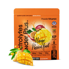 PowderVitamin Electrolytes Powder Plus Mango Passionfruit bottle pour for on-the-go hydration
