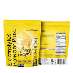 PowderVitamin Electrolytes Plus orange pineapple pouch for convenient hydration on the go.