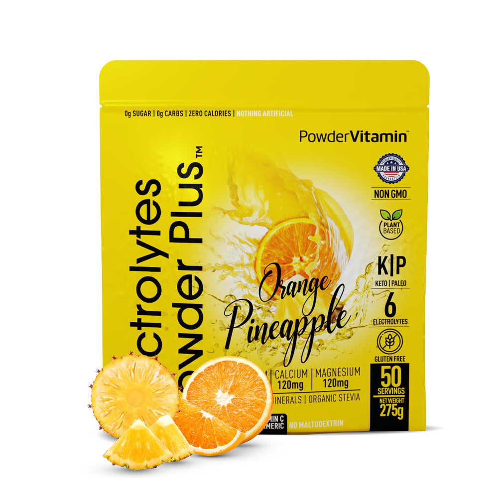 PowderVitamin Electrolytes Plus orange pineapple being poured into water for keto hydration
