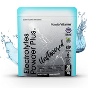 PowderVitamin Electrolytes Powder Plus pouch front showing minimal, clean hydration branding