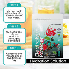PowderVitamin Electrolytes Powder Plus prepared drink showing black tea ginseng flavor.