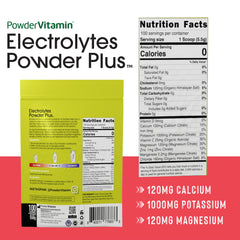 PowderVitamin Electrolytes Powder Plus scoop in glass showing quick mix for zero-calorie hydration.
