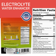 PowderVitamin Electrolytes Plus scoop beside glass for on-the-go hydration.