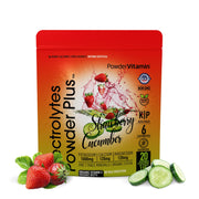 PowderVitamin Electrolytes Plus tub with strawberry cucumber flavor for post-workout hydration.