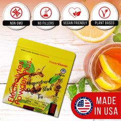 PowderVitamin Electrolytes Plus unsweetened black tea flavor label closeup.