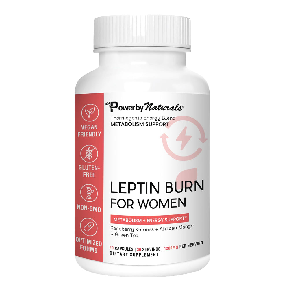 Power By Naturals Leptin capsules close-up for appetite management support.