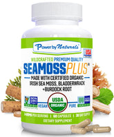 Power By Naturals SeaMoss Plus bottle front view highlighting vegan organic wellness.