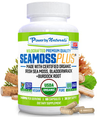 Power By Naturals SeaMoss Plus bottle front view highlighting vegan organic wellness.
