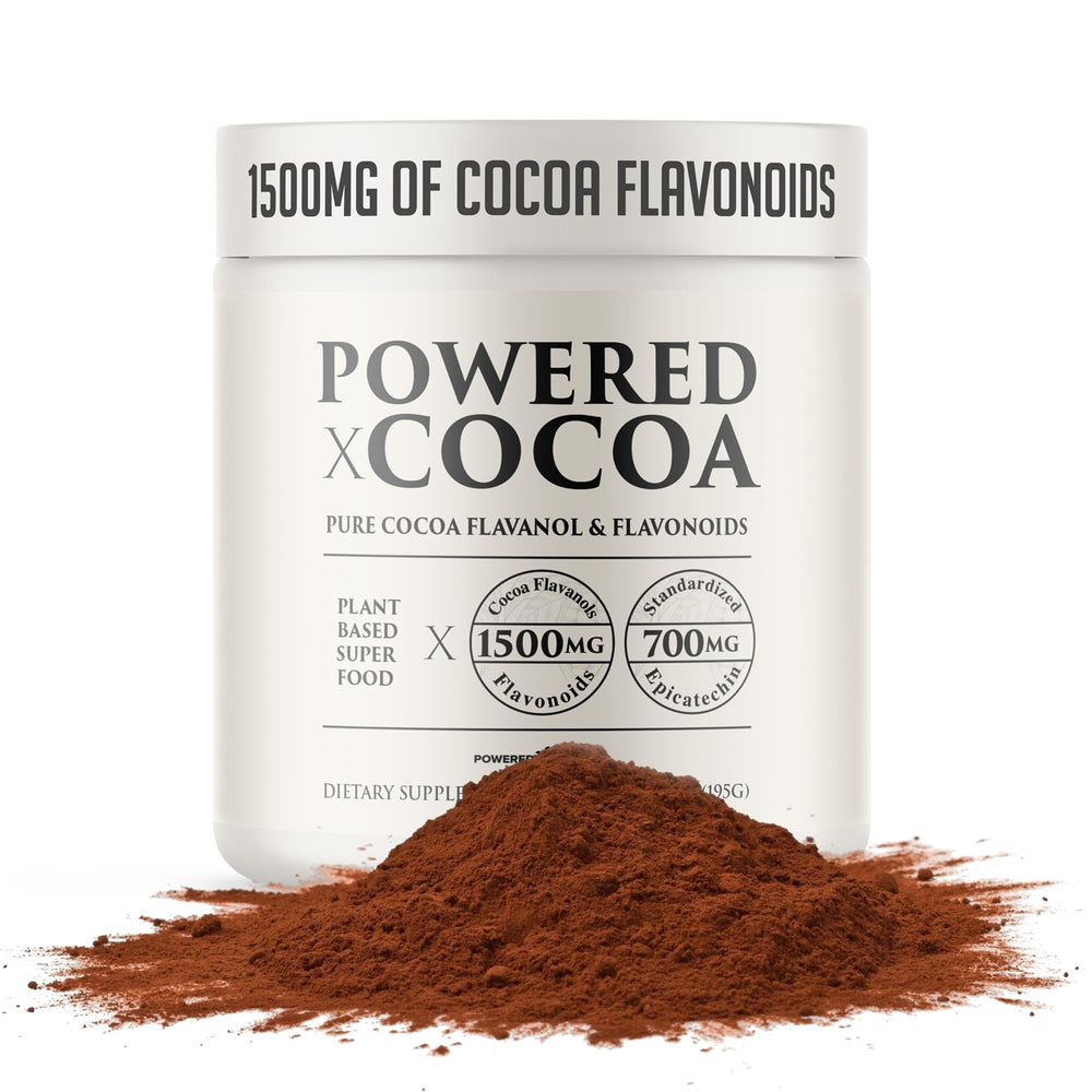 Powered X Plants high flavanol cocoa powder bottle pour for quick daily smoothies