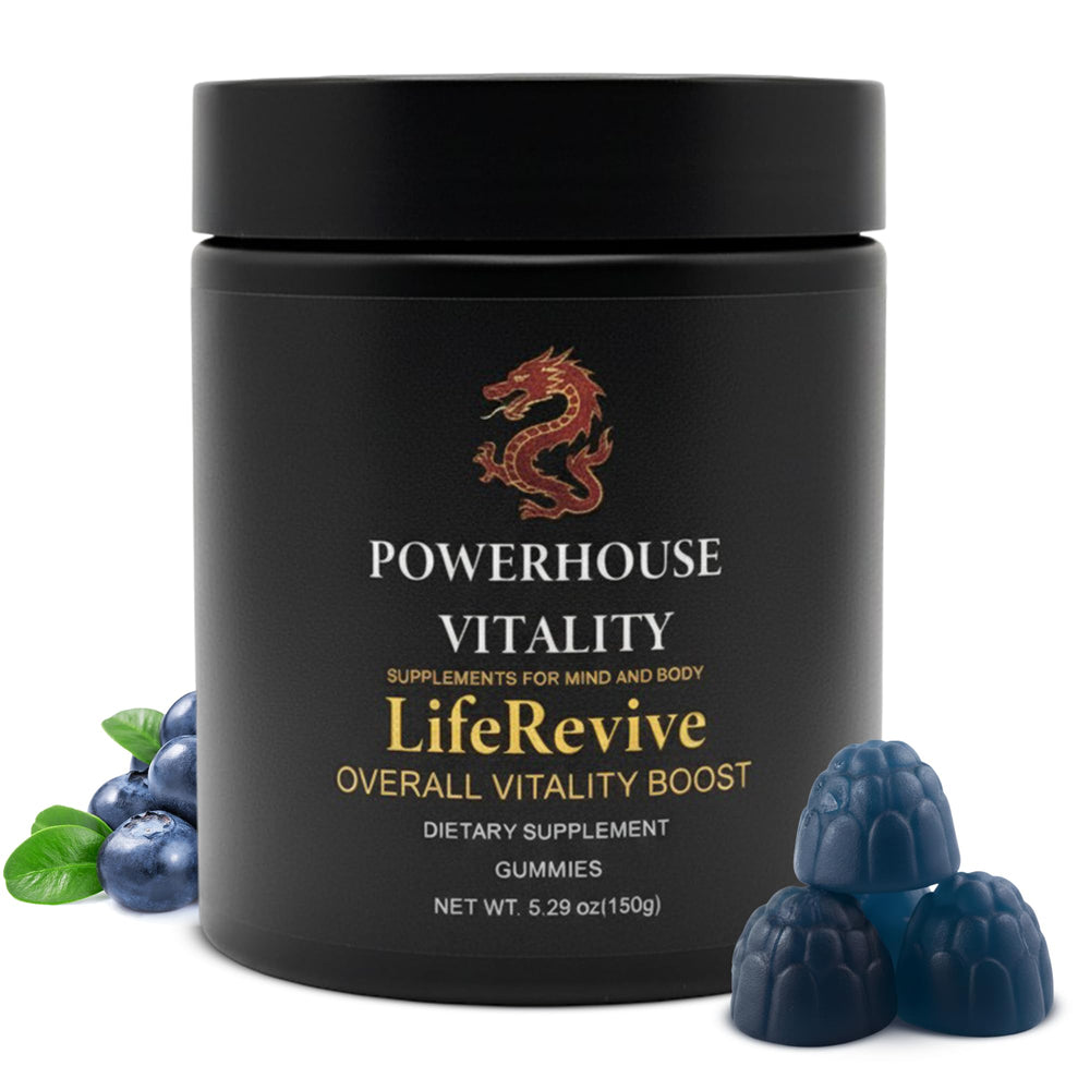 Powerhouse Vitality LifeRevive bottle-pour highlights convenient daily gummies for steady energy.