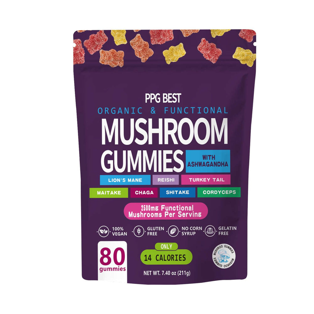 PPG BEST mushroom gummies bottle displaying natural berry flavor and immune-support blend