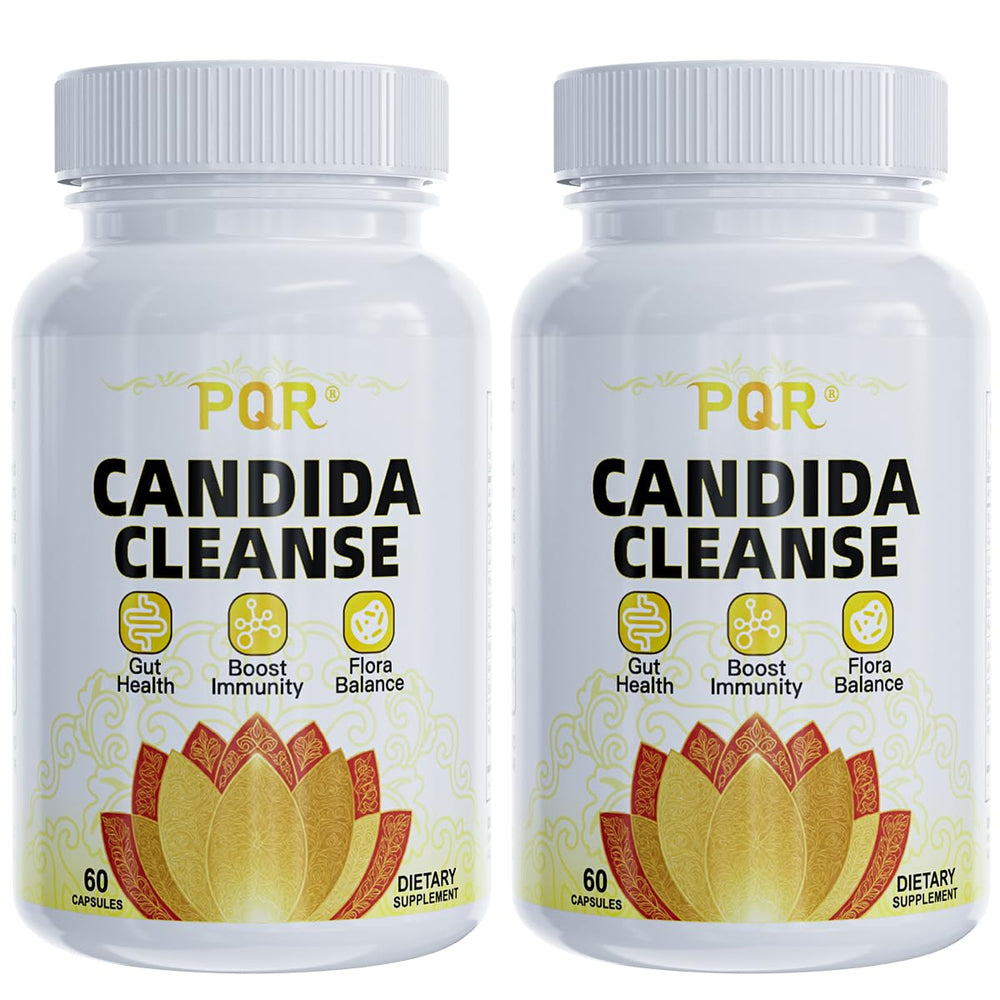PQR Candida Cleanse bottle front highlighting natural gut support blend