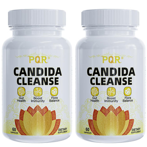 PQR Candida Cleanse bottle front highlighting natural gut support blend