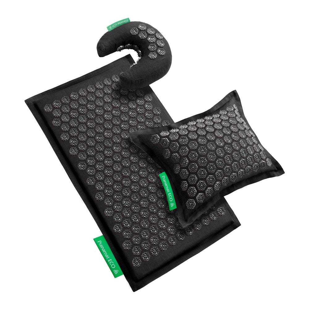 Pranamat acupressure large mat in obsidian color enhances relaxation and circulation.