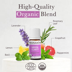 Pranarom Mental Clarity diffuser in use, suggesting an uplifted study session.