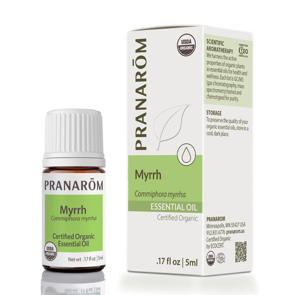 Pranarom Myrrh essential oil bottle, pure organic formula for skincare and diffusion