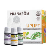 Pranarom uplift diffusion 3pack bottles in a row for calming aromatherapy in any room.