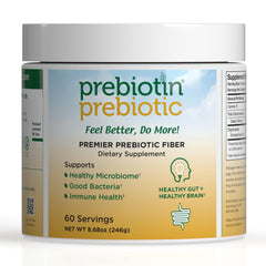 Prebiotin prebiotic fiber powder bottle label highlights all natural formula for digestive balance.