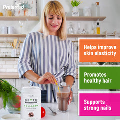 A glass of KEYTO Keto Collagen chocolate shake ready to enjoy