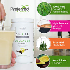 Preferred Elements Keto Collagen Powder Vanilla scoop in glass for easy smoothies and shakes.