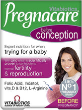 Pregnacare Before Conception tablets in a bottle for daily preparation