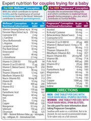 Pregnacare Conception bottle beside two tablets illustrating daily dual-pack routine.