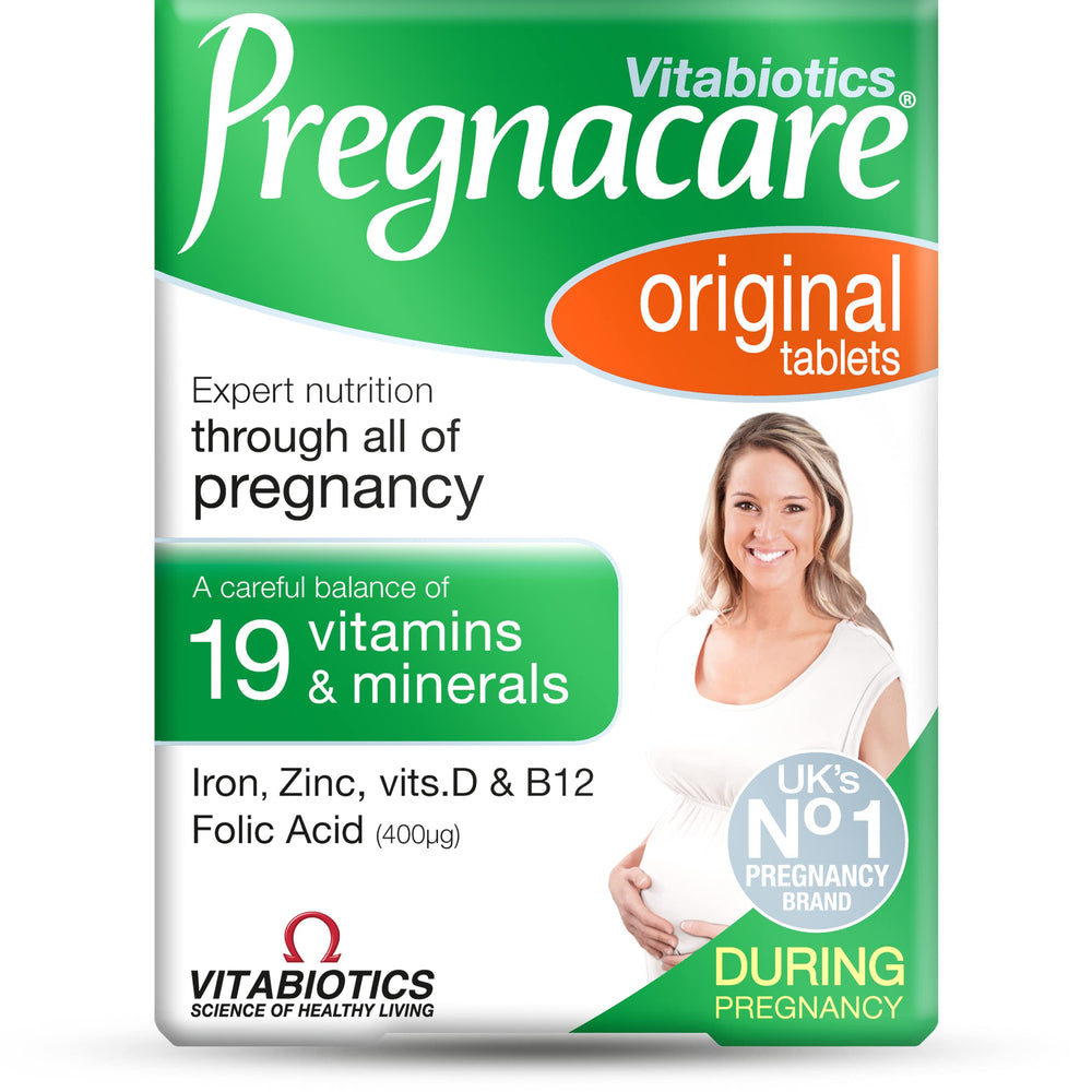 Pregnacare Original bottle front view, vegetarian prenatal supplement option.