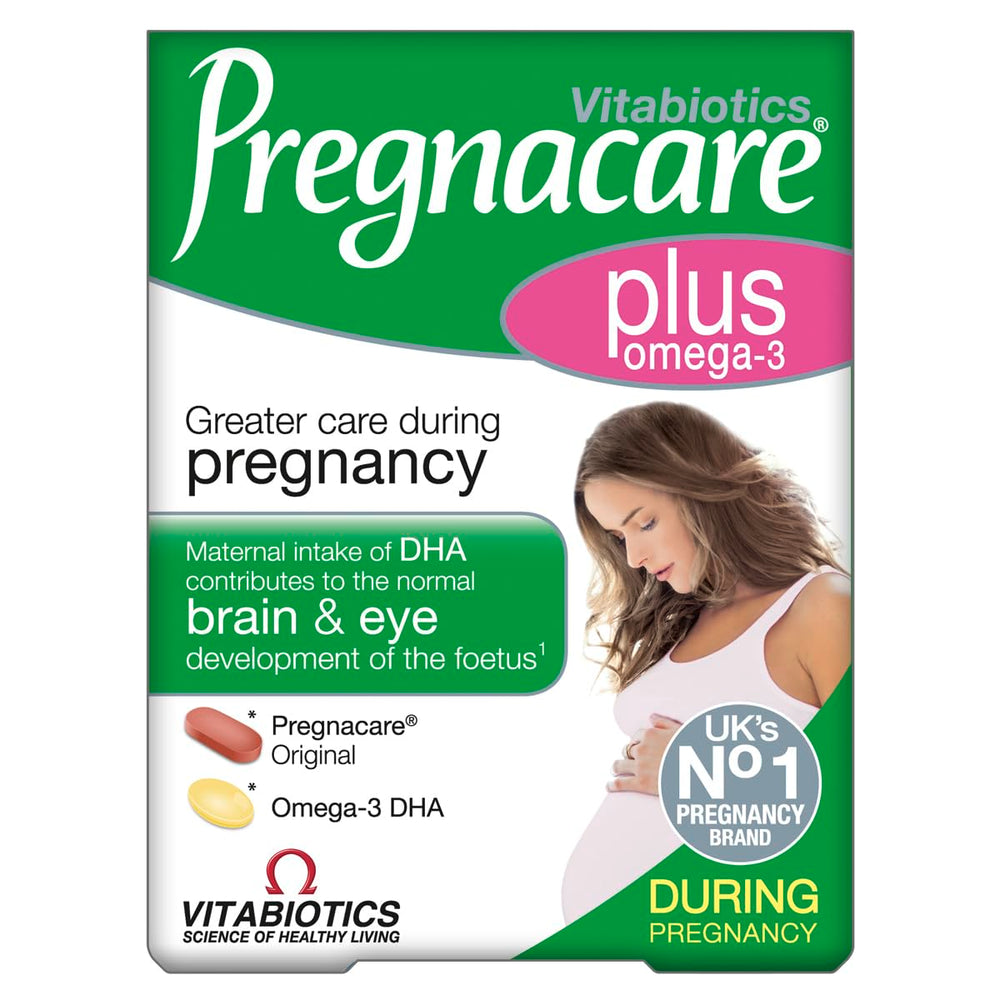 Pregnacare Plus bottle with omega-3 capsules for daily prenatal nutrition support.
