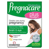 Pregnacare Plus bottle with omega-3 capsules for daily prenatal nutrition support.