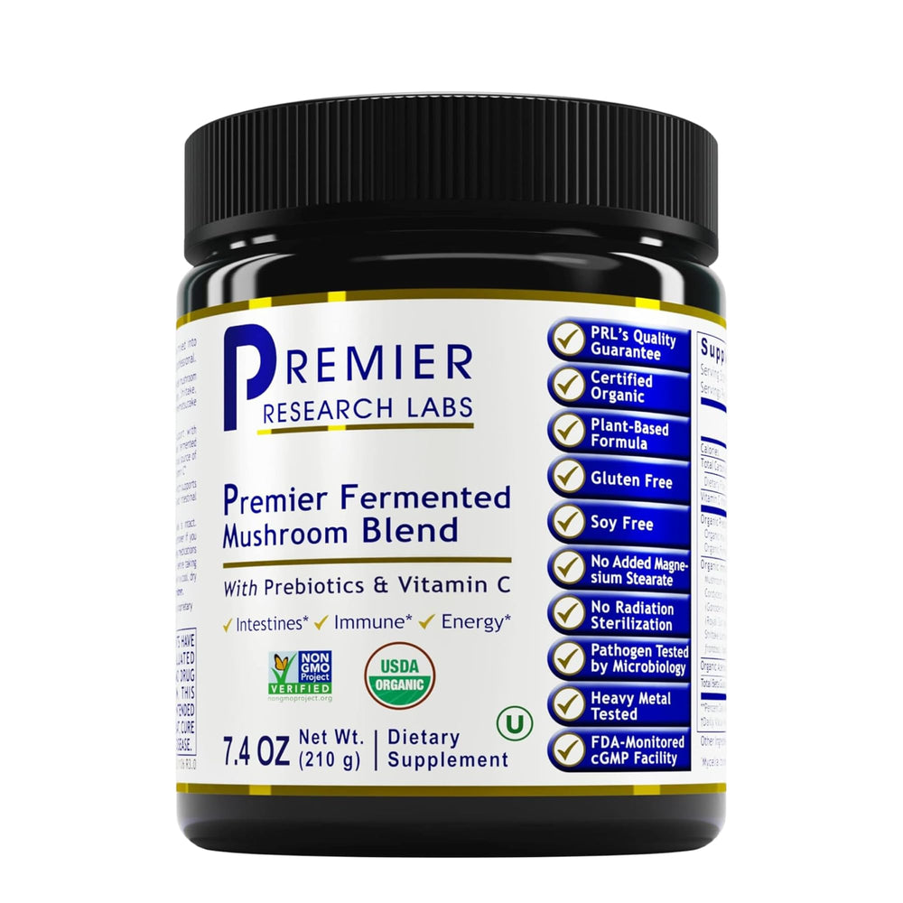 Premier Research Labs mushroom blend bottle featuring reishi, turkey tail, and cordyceps for daily immune support.
