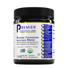 Premier Research Labs mushroom blend bottle featuring reishi, turkey tail, and cordyceps for daily immune support.