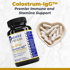 Premier Research Labs Colostrum IgG bottle on a clean desk for everyday wellness