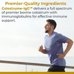 Close-up of Premier Research Labs Colostrum IgG label showing purity testing