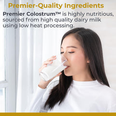 Premier Research Labs Colostrum-IgG powder mixing into beverages for versatility.