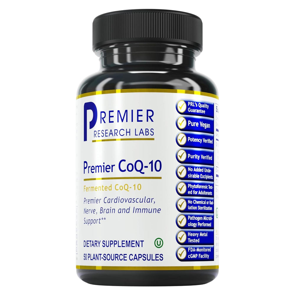 Premier Research Labs CoQ10 bottle front view emphasizes 100 mg per capsule for energy support