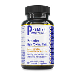 Premier Research Labs Keratin Hair/Skin/Nails bottle close-up for radiant hair and skin support.