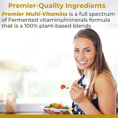 Premier Research Labs multi-vitamin capsules closeup emphasizing plant-based nutrition