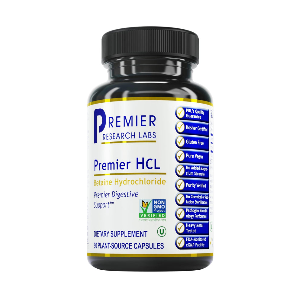 Premier Research Labs Premier HCL bottle shown for digestive support