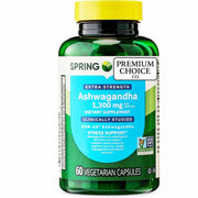 Premium Choice Co Spring Valley Ashwagandha bottle front shows 1300 mg per serving for daily balance.
