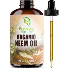 Premium Nature Neem Oil bottle shows pure, natural oil for skin and hair care.