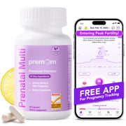 Premom prenatal vitamins bottle closeup showing a two-capsule daily serving.