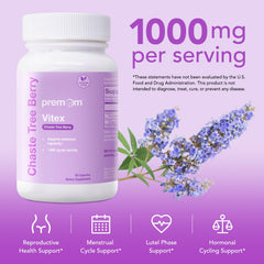 Premom Vitex capsules close-up highlighting 1000mg per serving for cycle support.