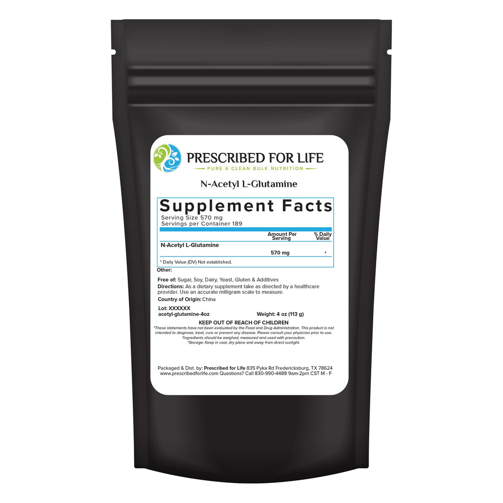 Prescribed For Life N Acetyl L Glutamine powder bottle for pure L-Glutamine in workouts
